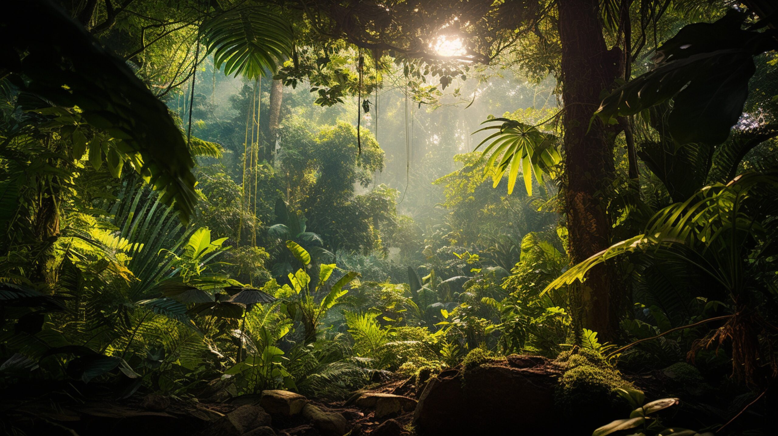 A dense jungle canopy with vibrant and varied flora, hiding mysterious creatures within its shadows